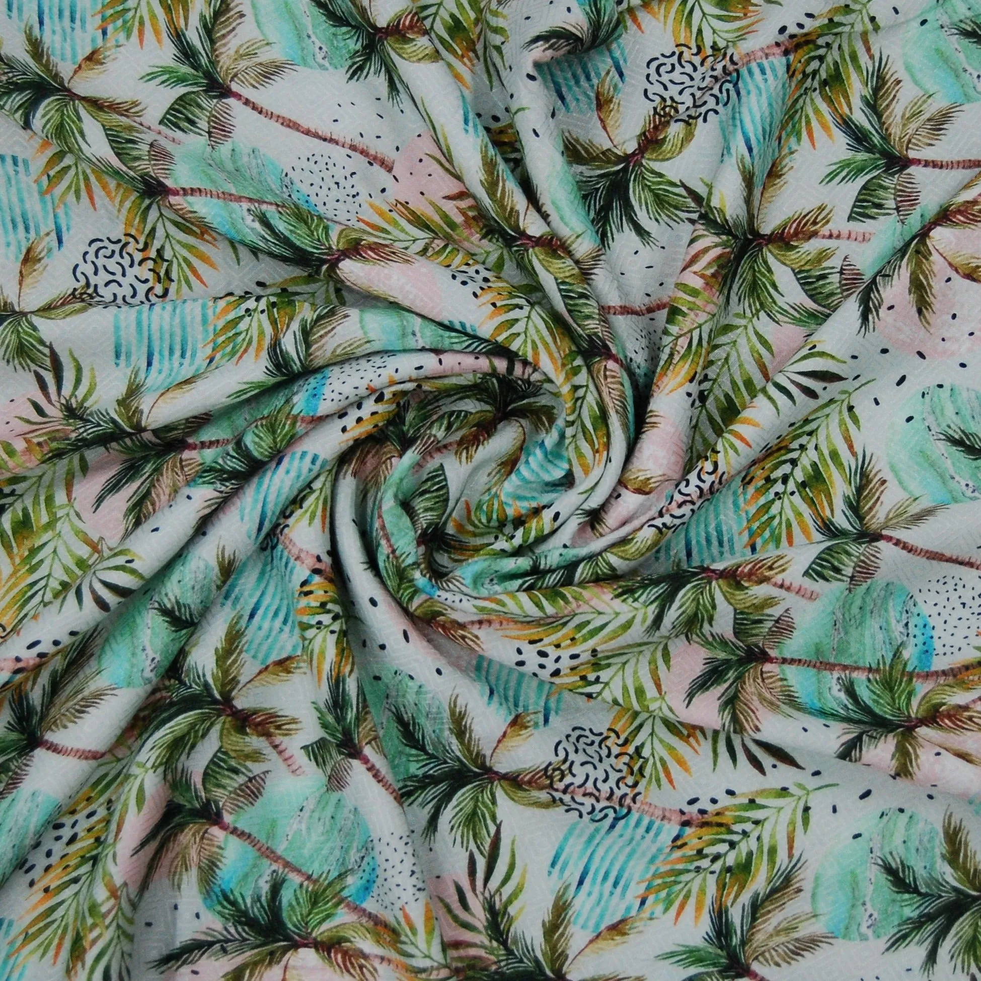 White Multicolor Tropical Print Viscose Dobby Fabric