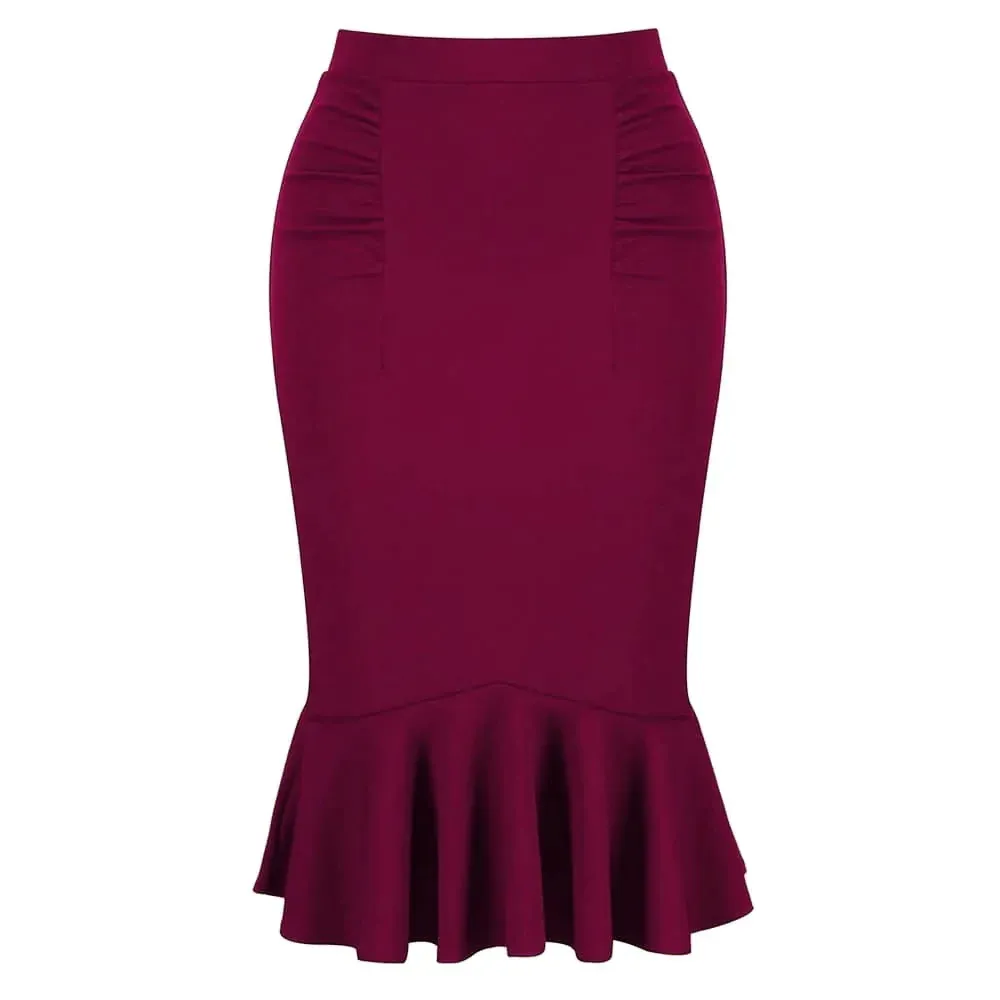 Wine Red Peplum Hem Bodycon Stretch Pencil Skirt