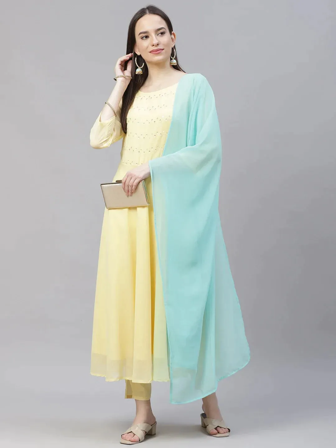 Women Yellow Embroidered Regular Sequinned Kurta With Trousers & Dupatta