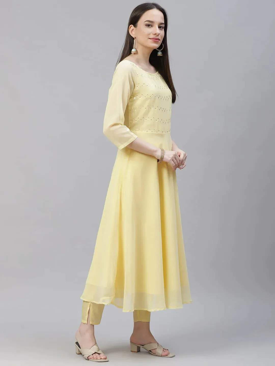 Women Yellow Embroidered Regular Sequinned Kurta With Trousers & Dupatta