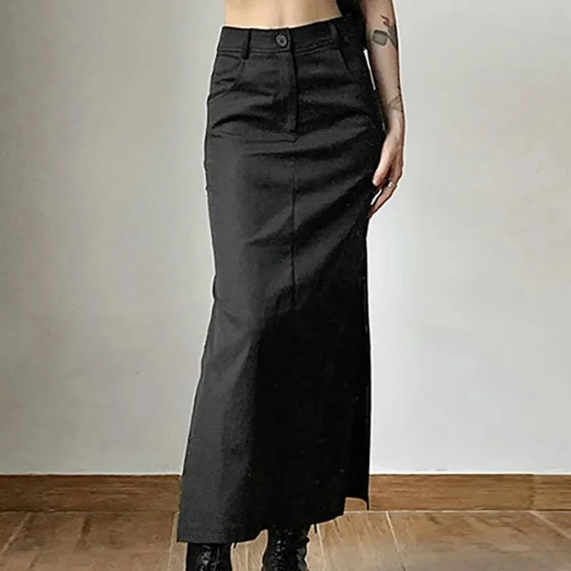 Y2K Gothic Grunge Long Black Ankle-Length Slit Skirt