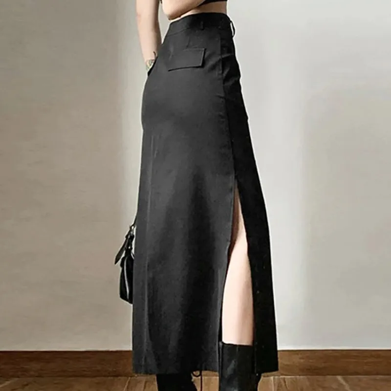 Y2K Gothic Grunge Long Black Ankle-Length Slit Skirt