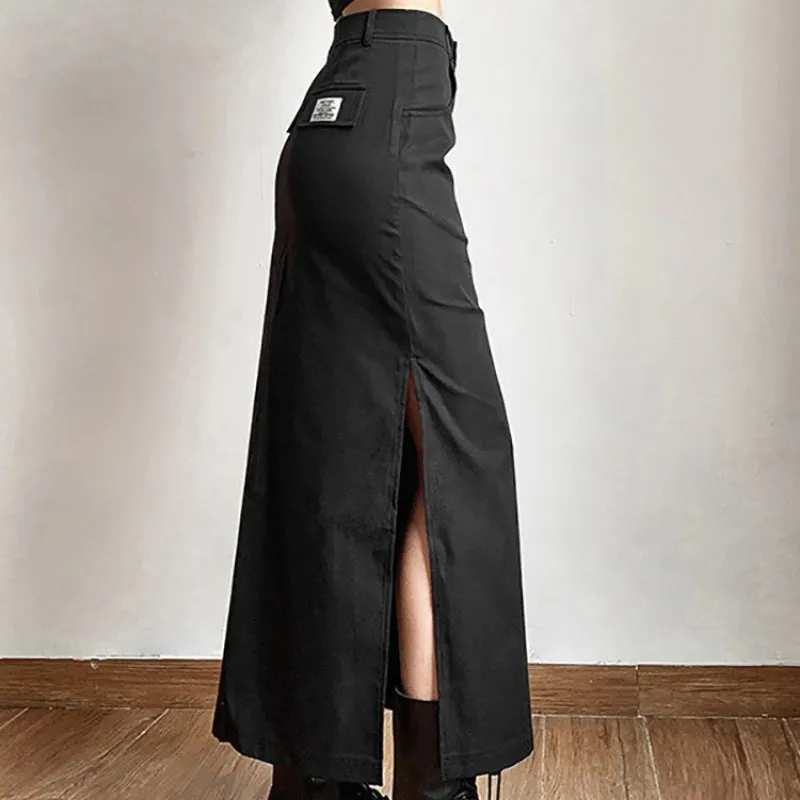 Y2K Gothic Grunge Long Black Ankle-Length Slit Skirt