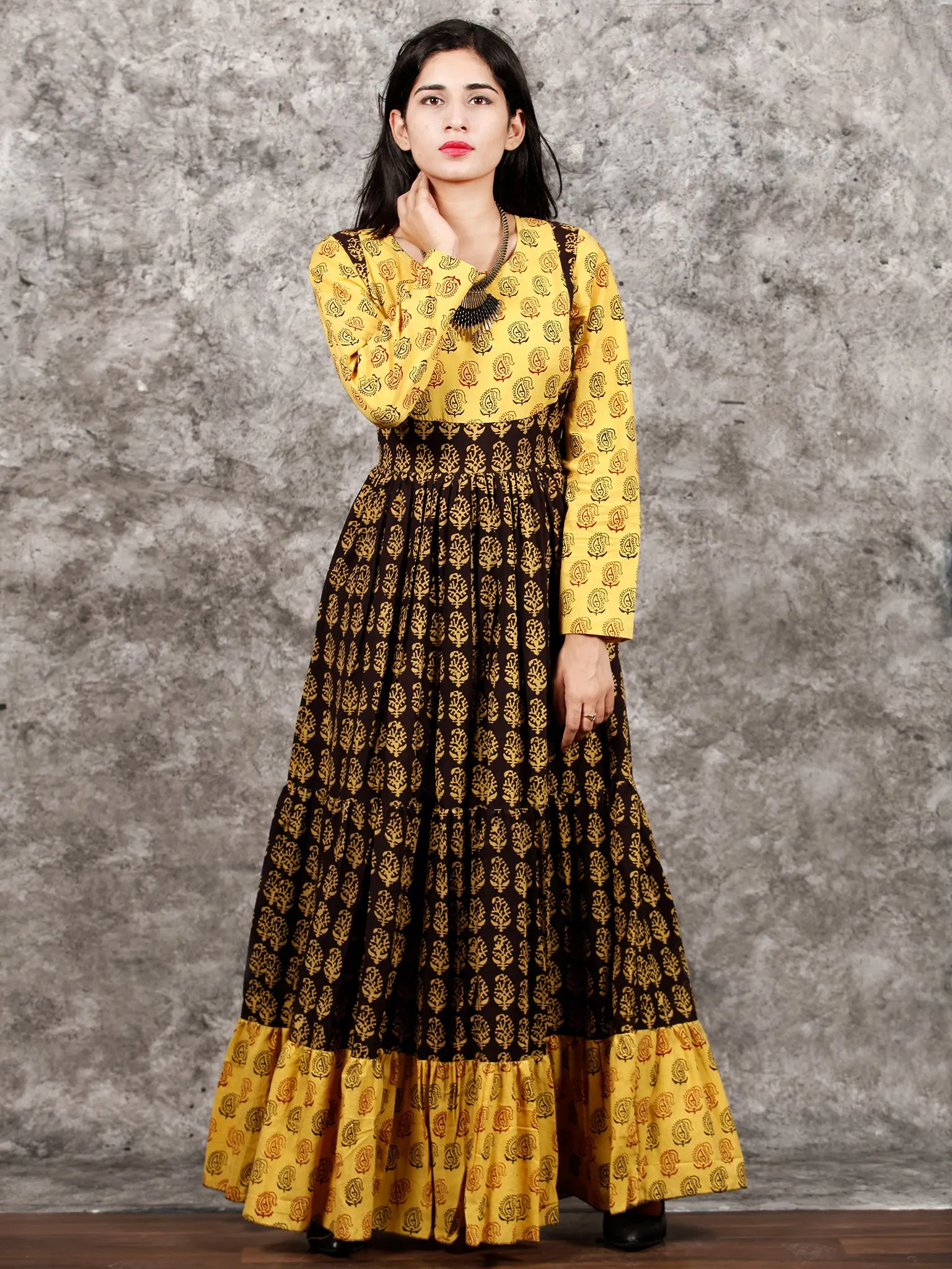 Yellow Black Maroon Bagh Printed Cotton Long Tier Dress  - D135F1701