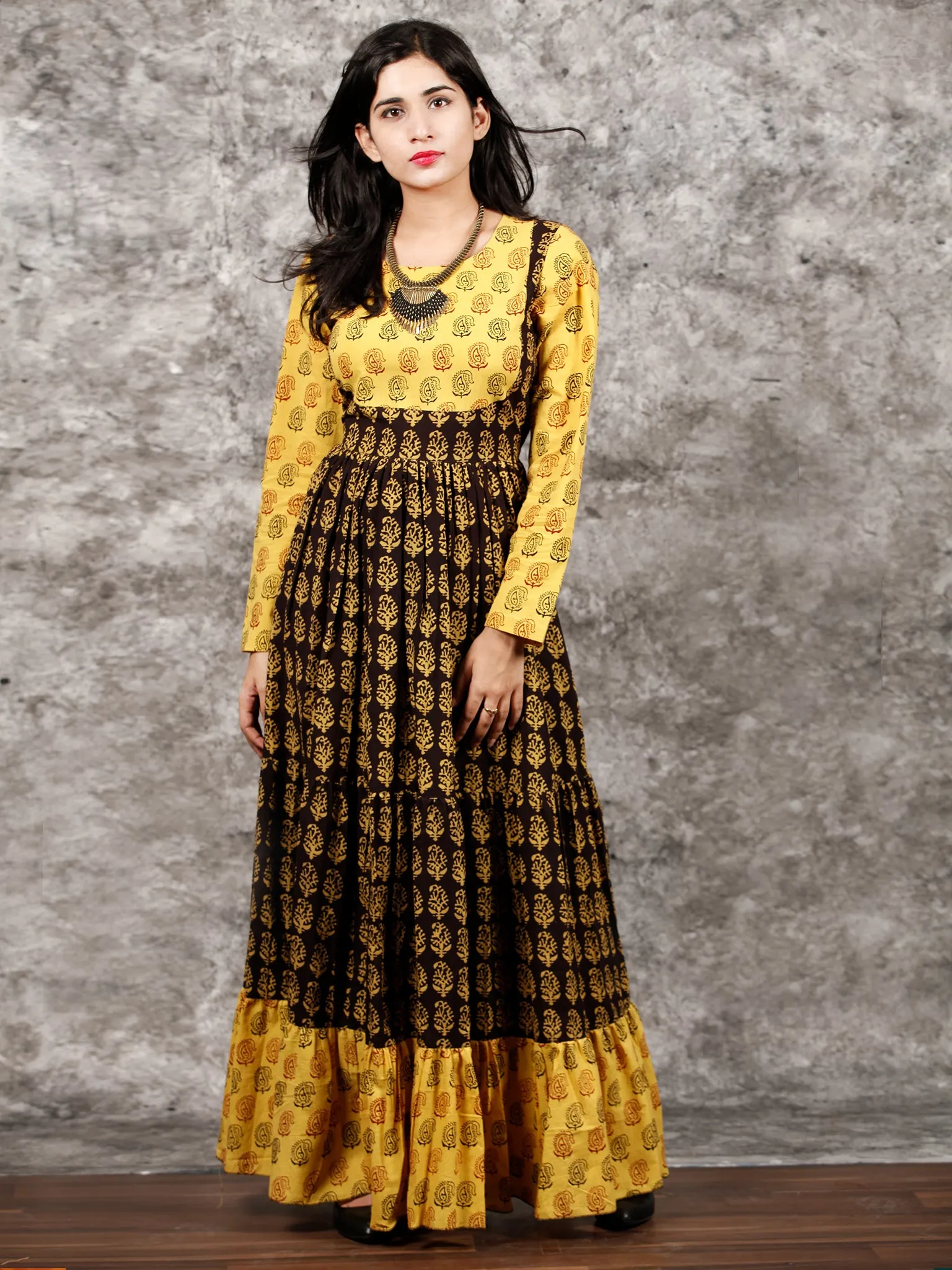 Yellow Black Maroon Bagh Printed Cotton Long Tier Dress  - D135F1701