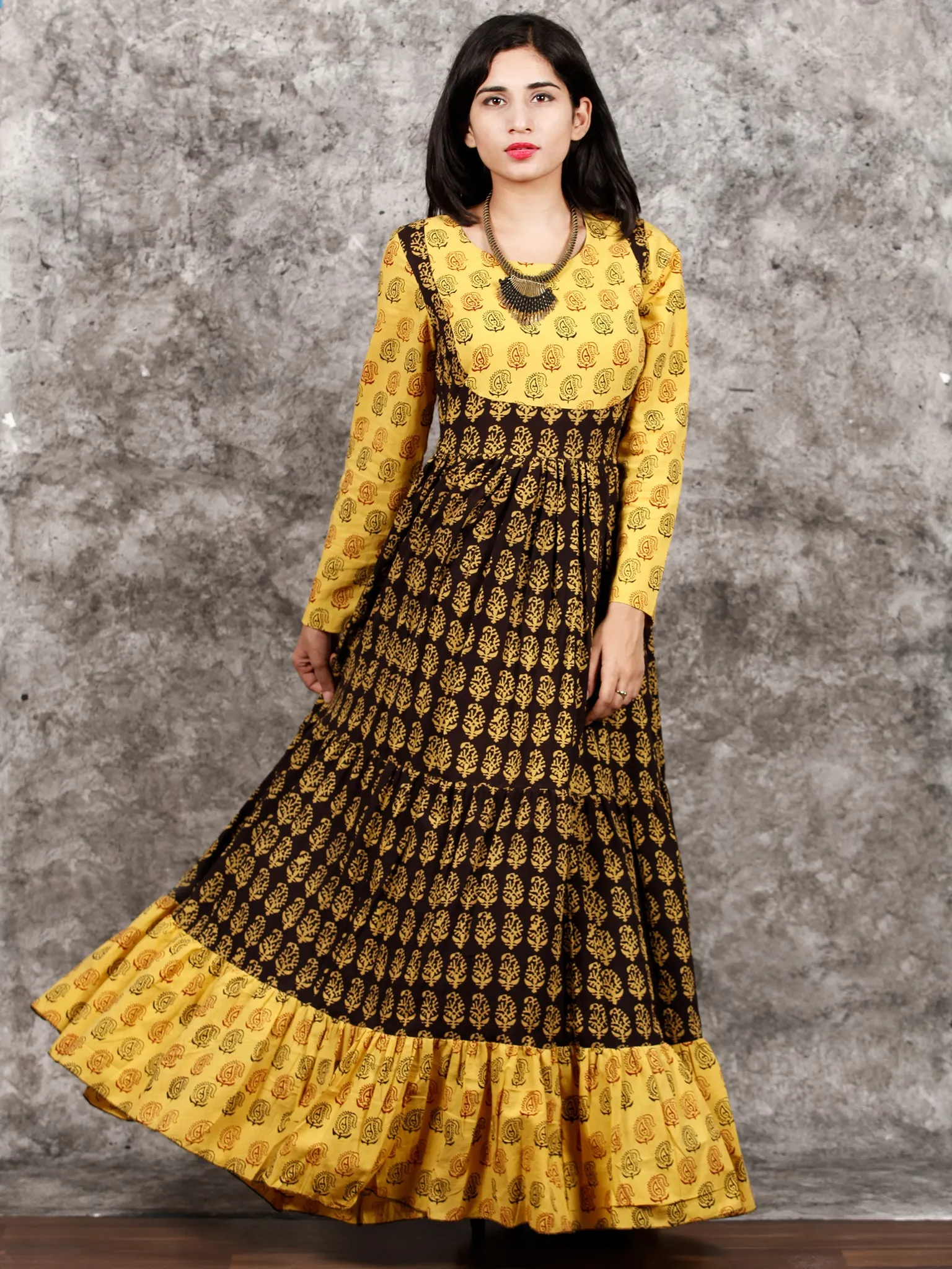 Yellow Black Maroon Bagh Printed Cotton Long Tier Dress  - D135F1701