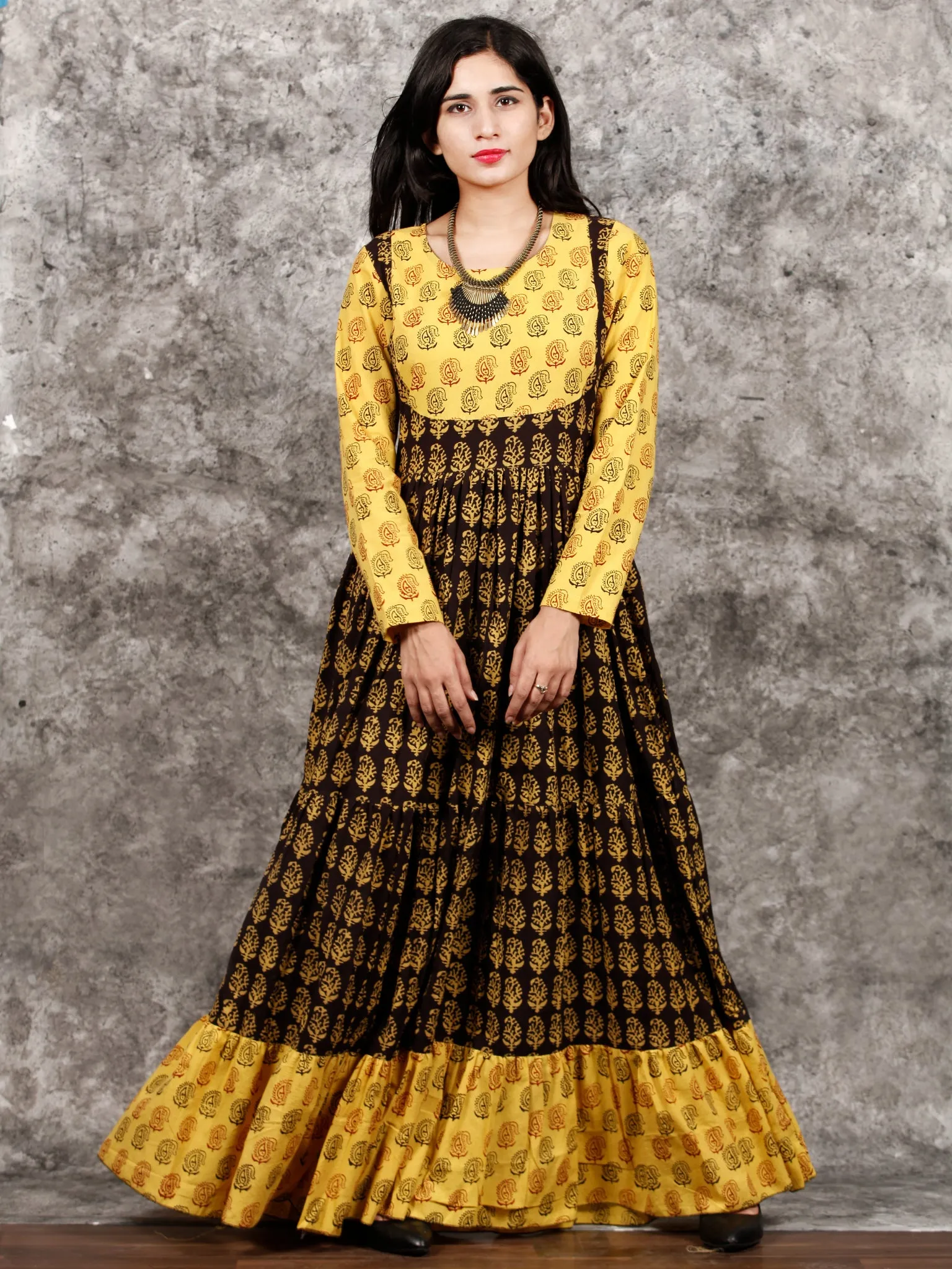 Yellow Black Maroon Bagh Printed Cotton Long Tier Dress  - D135F1701