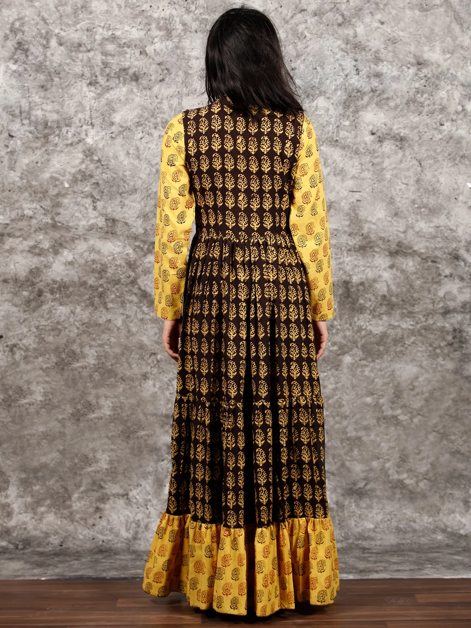 Yellow Black Maroon Bagh Printed Cotton Long Tier Dress  - D135F1701